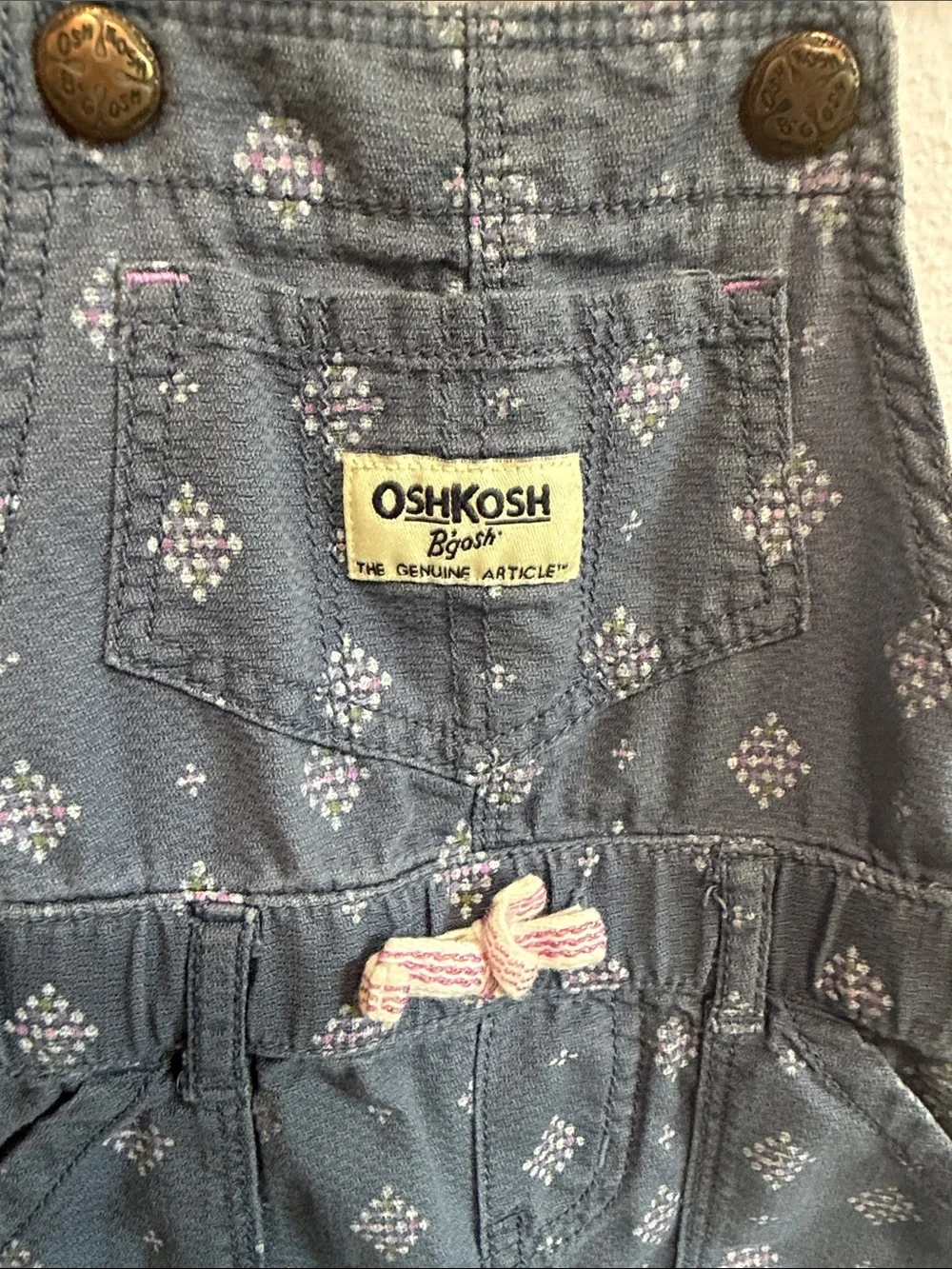OshKosh B'gosh Slate Blue Printed Kids Overalls with Pink Bow Accent